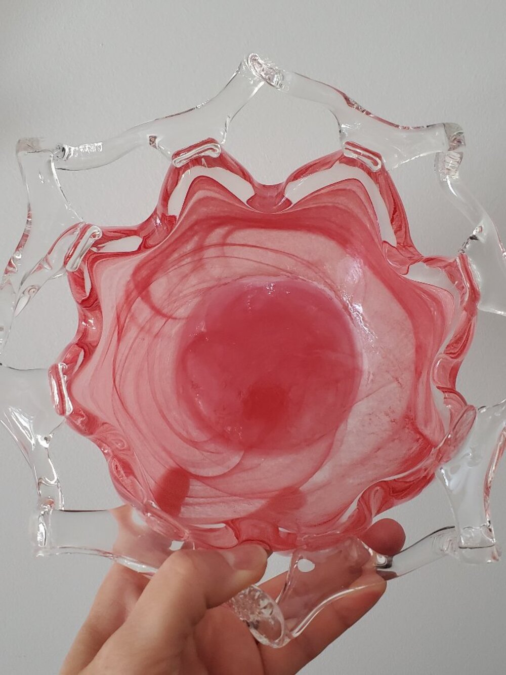 Murano Style Glass Swirl Design Bowl in Coral Pink with Wavy Reticulated Edge